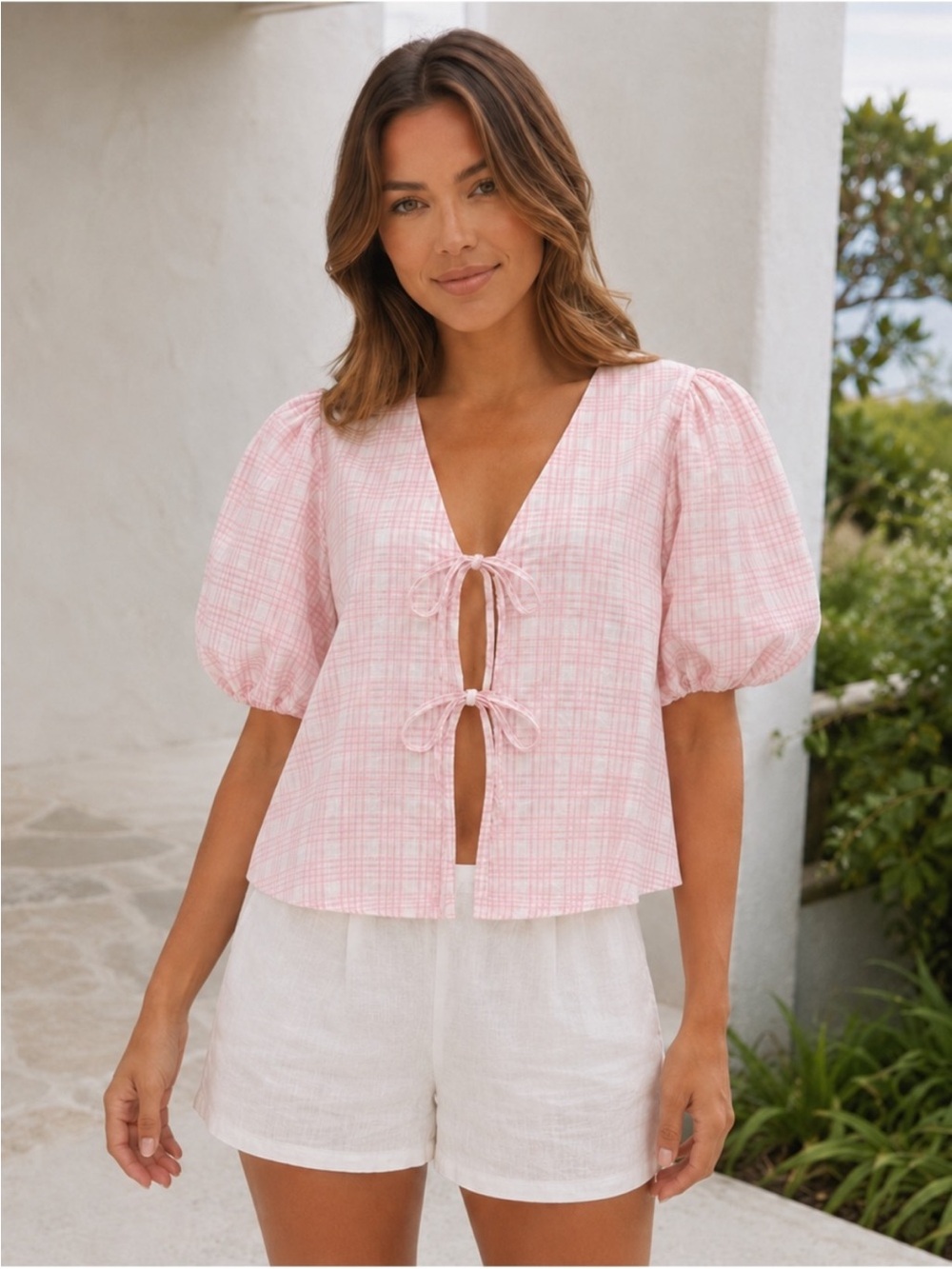 273 • Pink Gingham Tie-Front Puff Sleeve Blouse